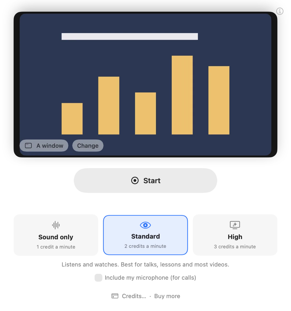 Screen Gist ready to summarize a window, with Sound only, Standard and High quality options